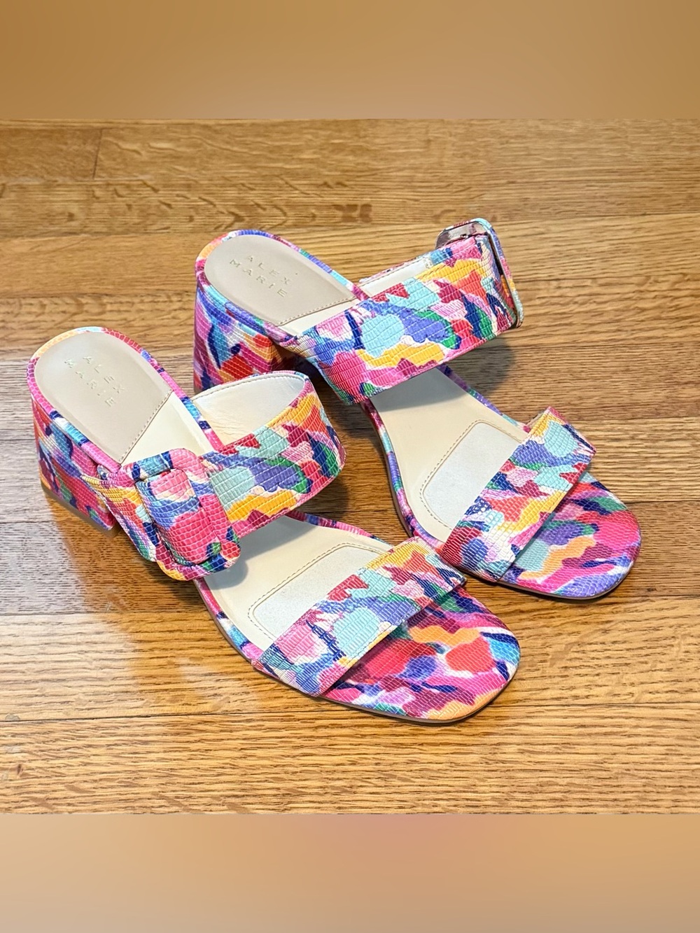 Alice + Olivia Multicolor Floral Print Block Heel Sandals - Pink, Blue, Yellow